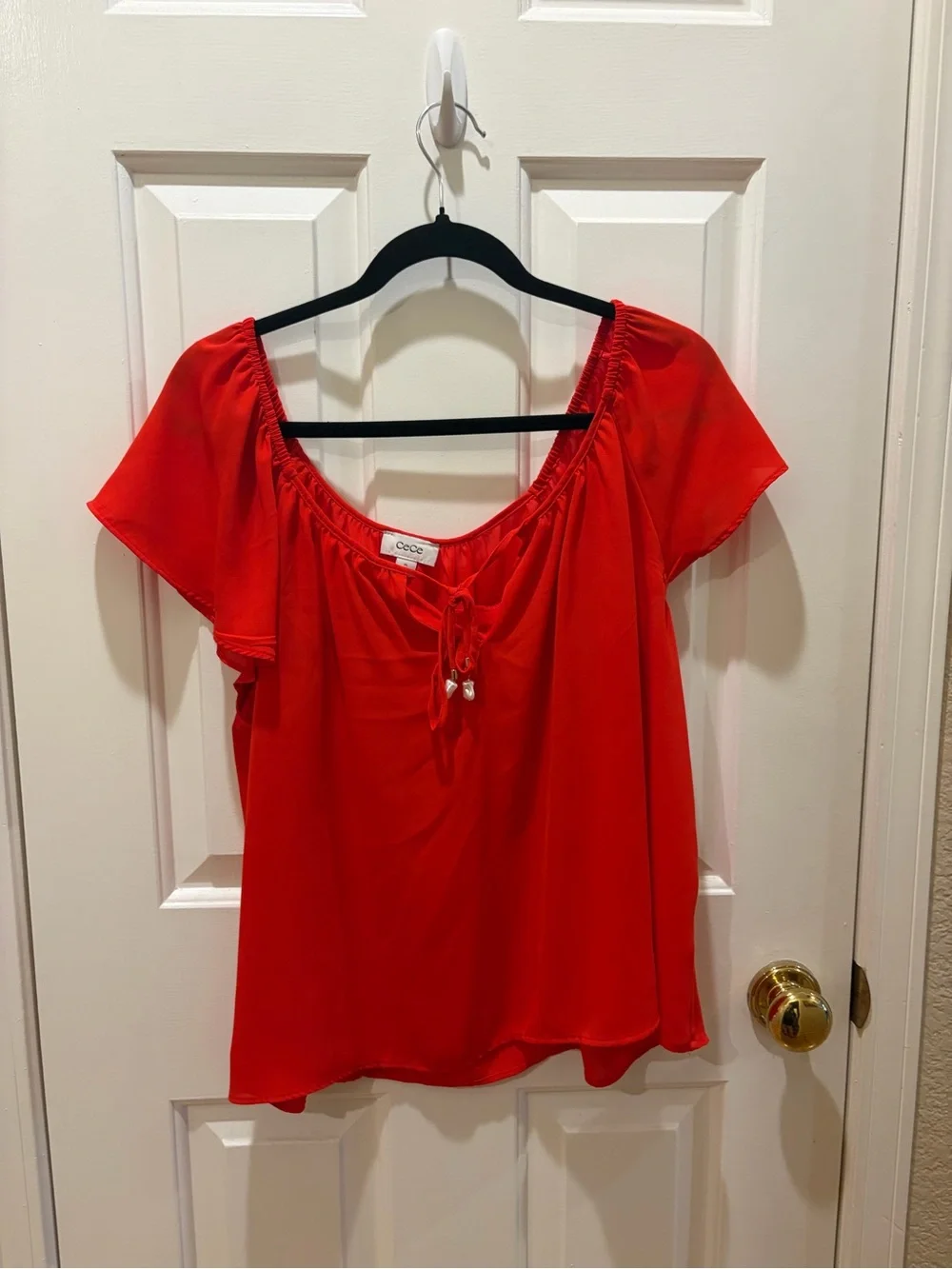 CeCe Bright Red Tie-Front Peasant Blouse